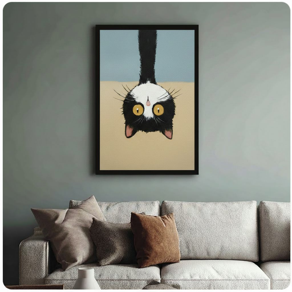 Humorous tuxedo cat portrait hanging head-down with bold golden eyes against minimalist blue-beige background, black framed print above beige fabric sofa