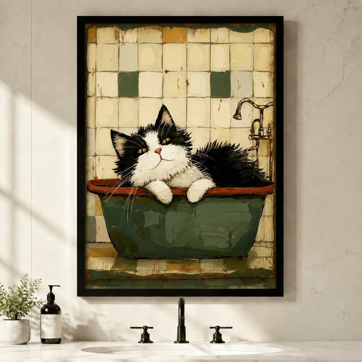 Framed canvas wall art of a fluffy tuxedo cat lounging in a vintage green bathtub with retro tile background, displayed above a bathroom vanity