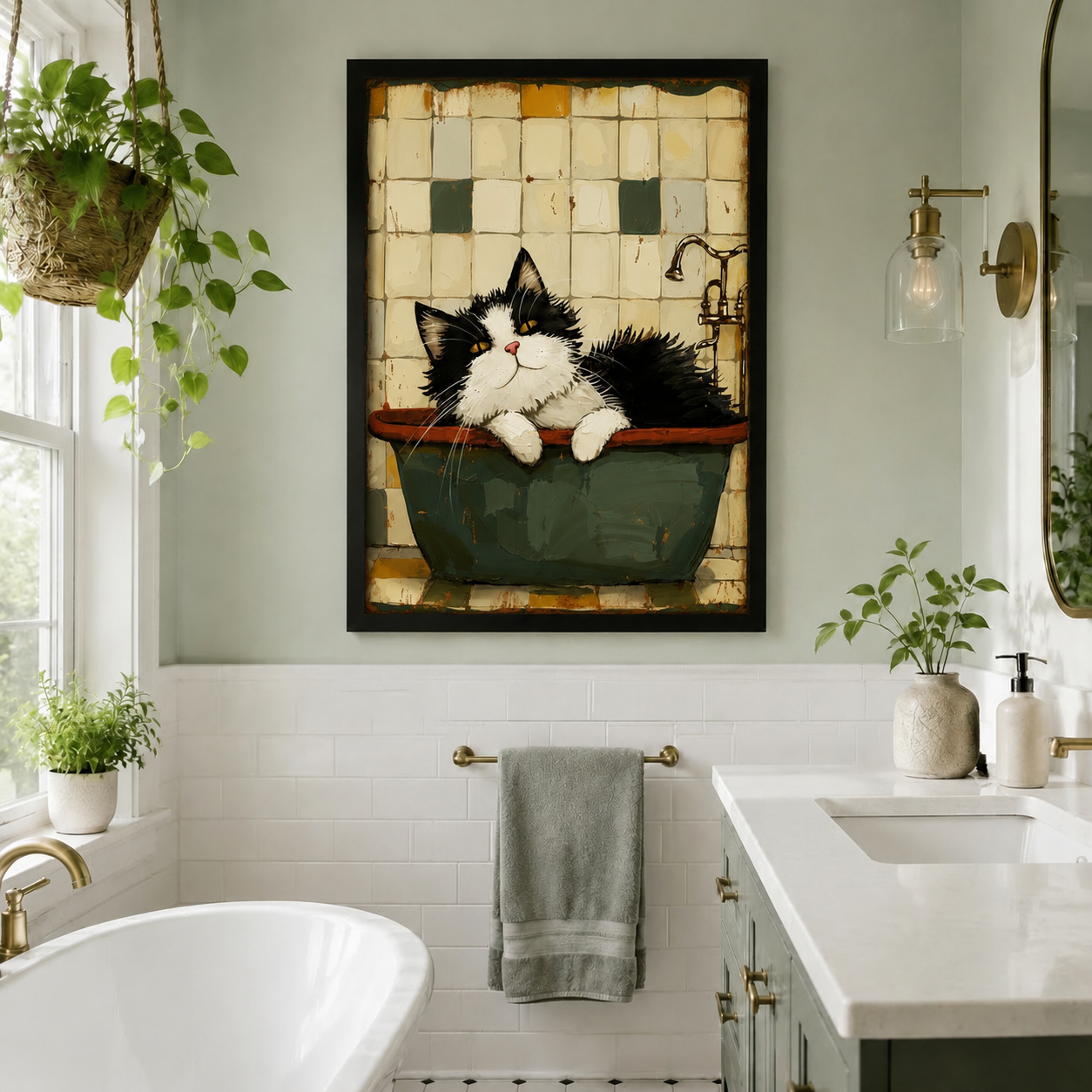 Vintage-style framed painting of a chubby tuxedo cat in a retro green bathtub, styled in a bright bathroom with white subway tiles and brass accents