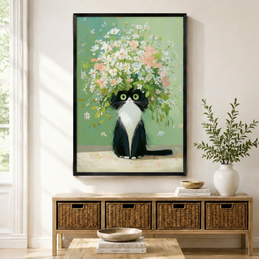Black framed tuxedo cat with oversized wildflower bouquet wall art print displayed above a wicker console table in a bright Scandinavian entryway
