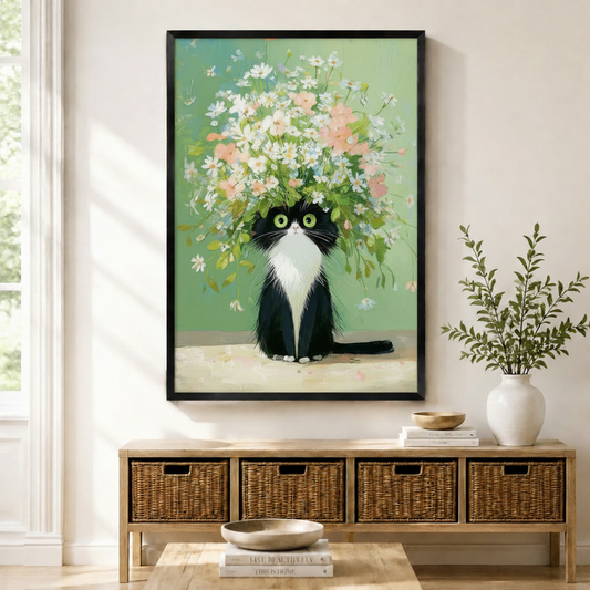 Black framed tuxedo cat with oversized wildflower bouquet wall art print displayed above a wicker console table in a bright Scandinavian entryway