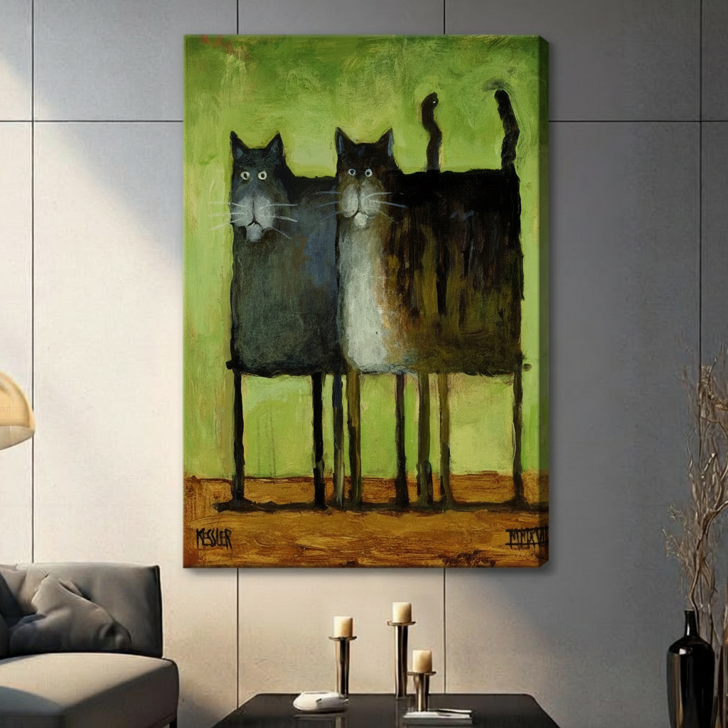 Stretched canvas wall art featuring two expressive black cats on a vibrant green background hung in a contemporary living room