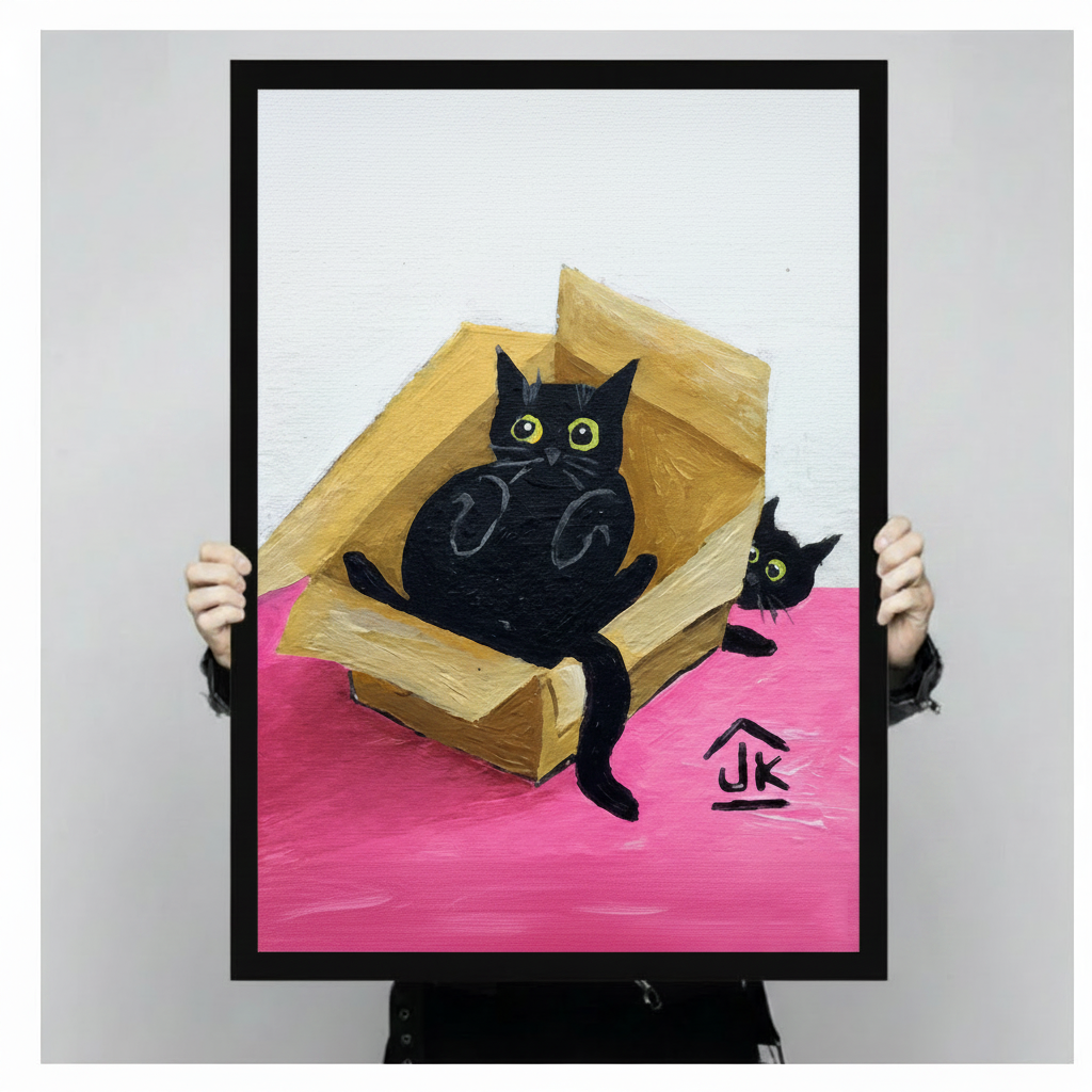 Both hands holding large framed print of two black cats in a cardboard box, full artwork view showing bold impasto oil painting style with pink floor and artist signature JK