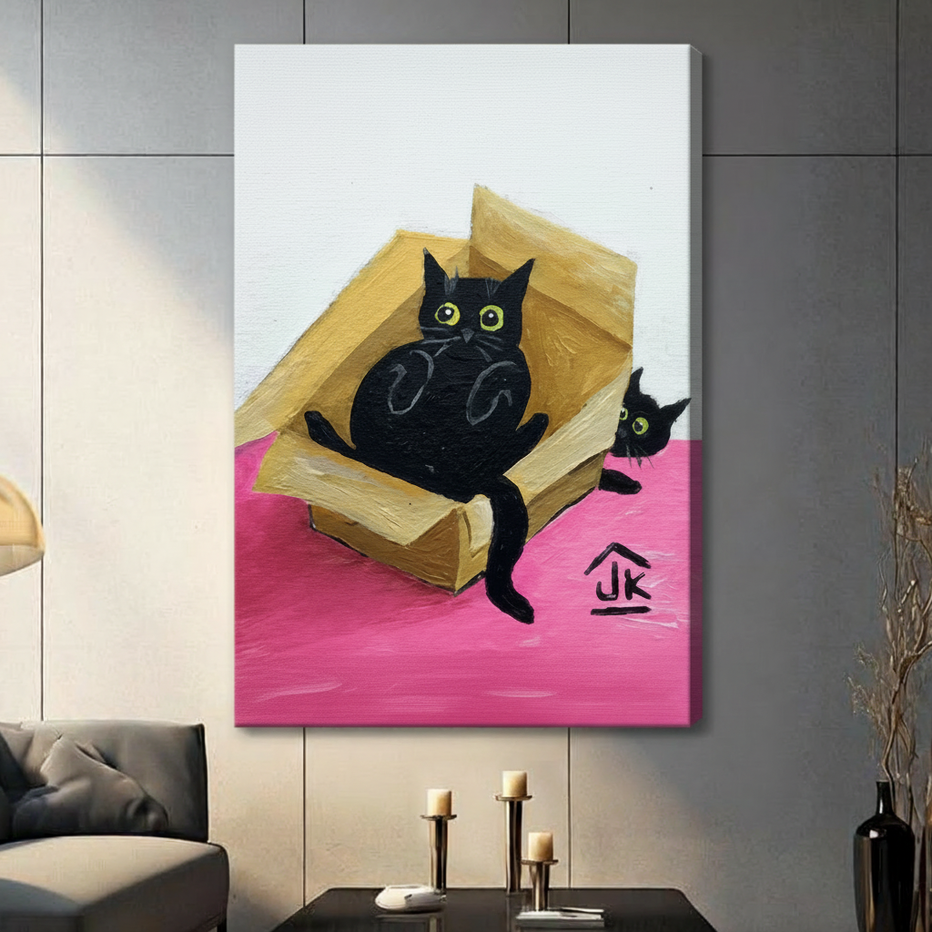 Playful black cats cardboard box oil painting, large cat sitting inside box with small cat peeking out on pink floor, canvas wrap wall art in contemporary living room setting