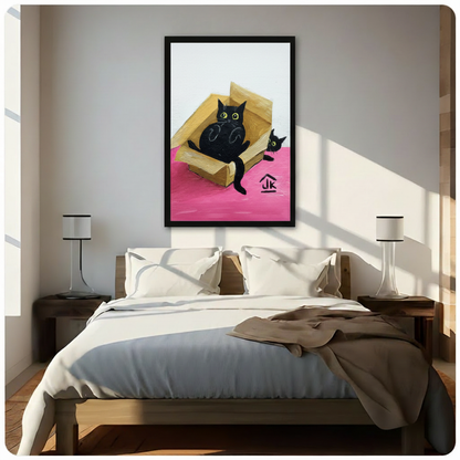 Black cats in cardboard box oil painting framed wall art above bed in warm minimalist bedroom, vibrant pink and white artwork with green-eyed cats, natural sunlight with wooden nightstands