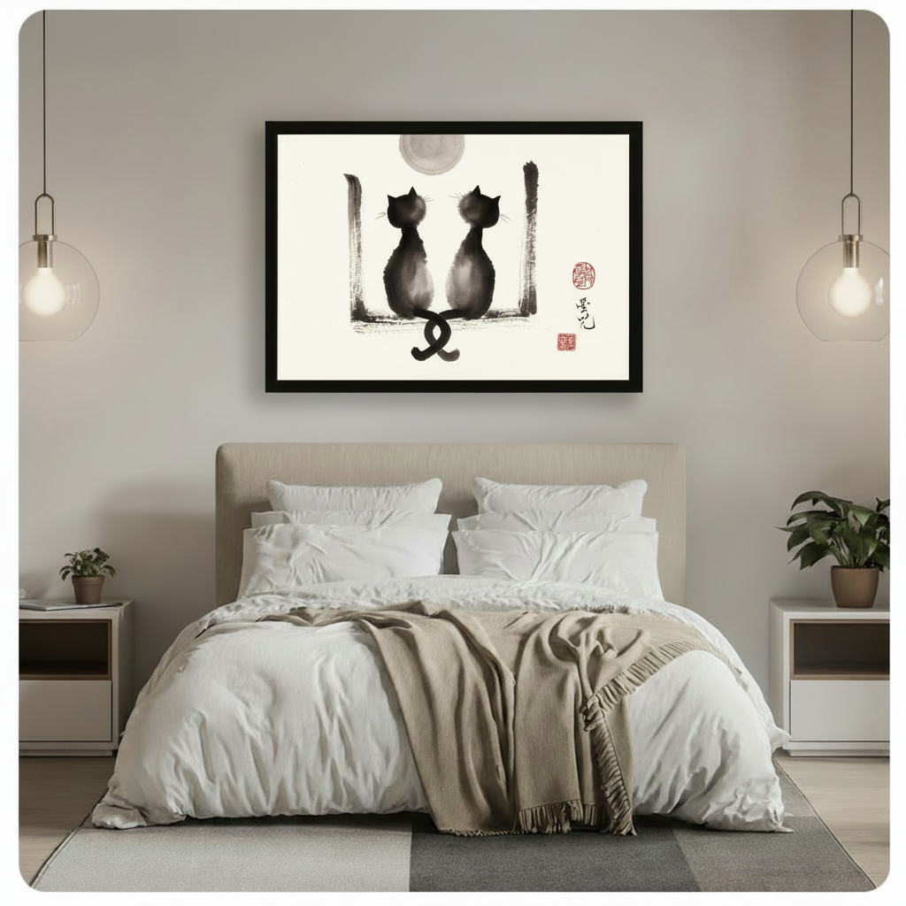Framed Chinese brush painting of two black cats with entwined tails hung above a neutral-toned bed with pendant lights — romantic bedroom wall art
