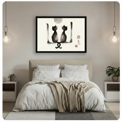 Framed Chinese brush painting of two black cats with entwined tails hung above a neutral-toned bed with pendant lights — romantic bedroom wall art