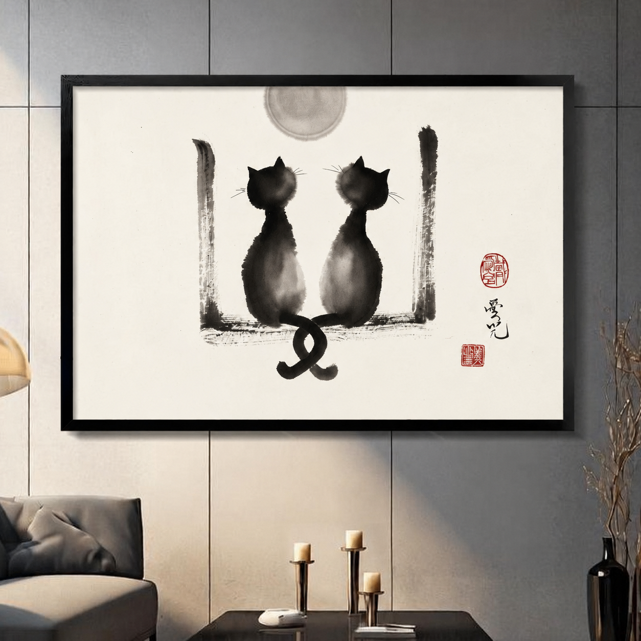 Two black cats ink wash painting in black frame displayed on dark gray living room wall above candles — Chinese brush art wall decor
