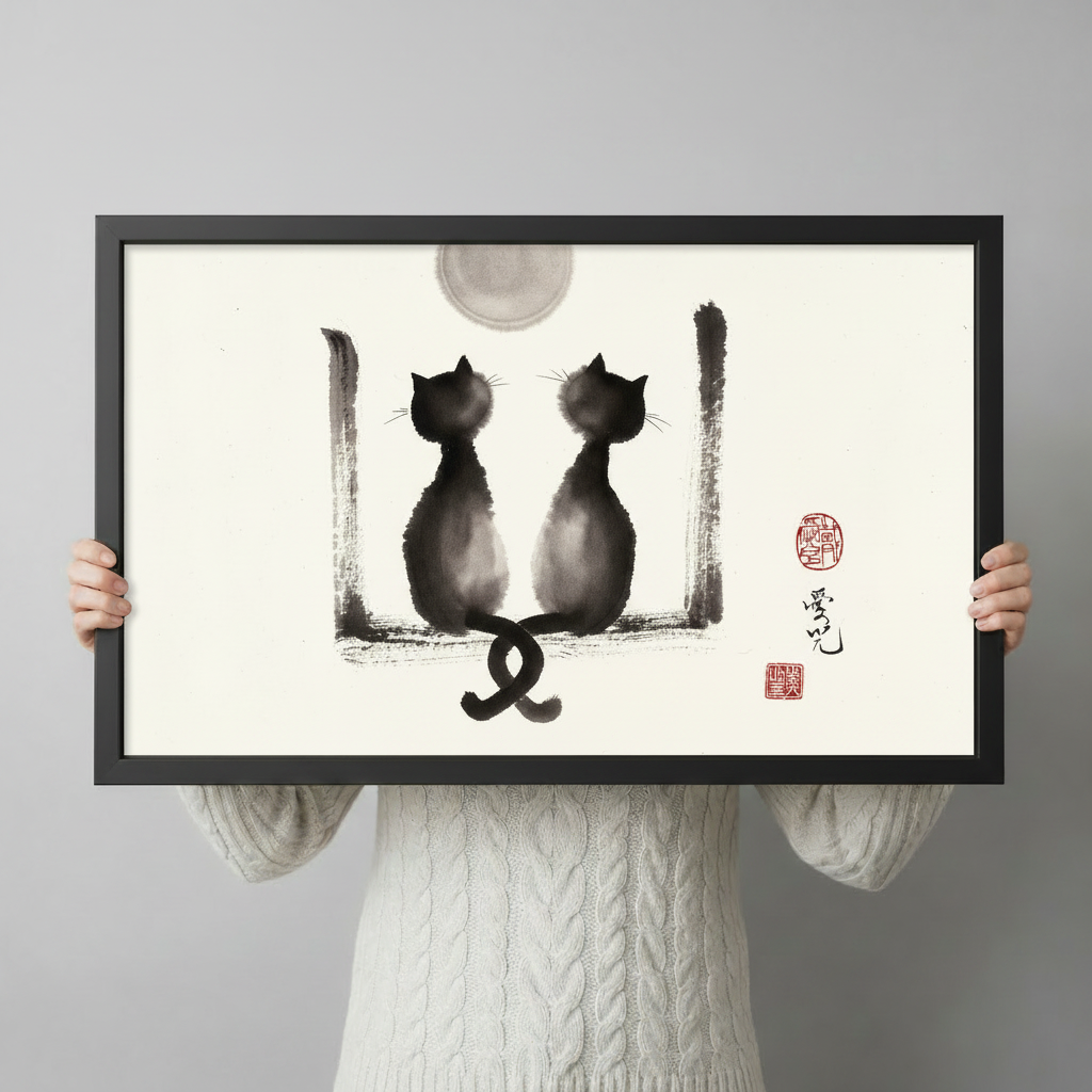 Person in white sweater holding large framed Chinese ink wash print of two cats facing each other under a full moon — size reference lifestyle photo