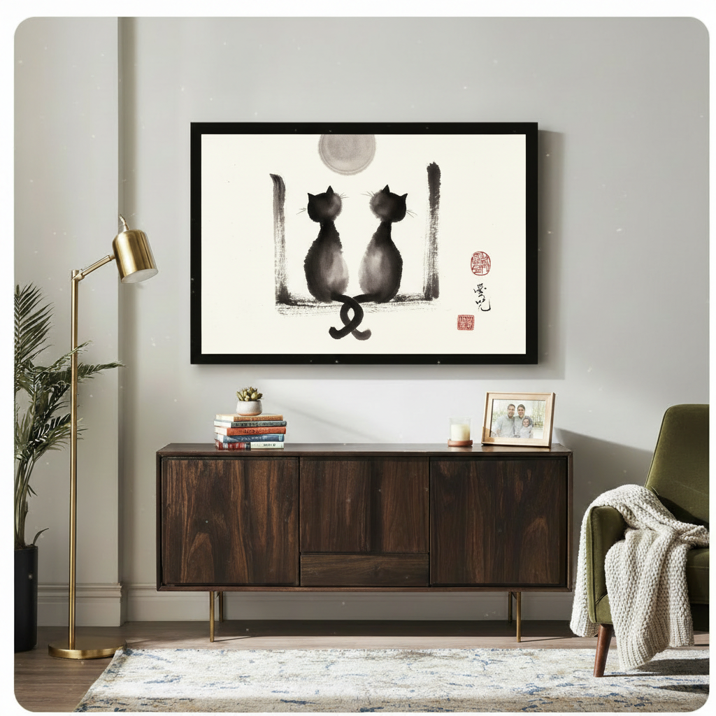 Black-framed ink wash art print of two cats under a moon displayed above a dark walnut sideboard in a modern living room with gold floor lamp — Asian-inspired home decor