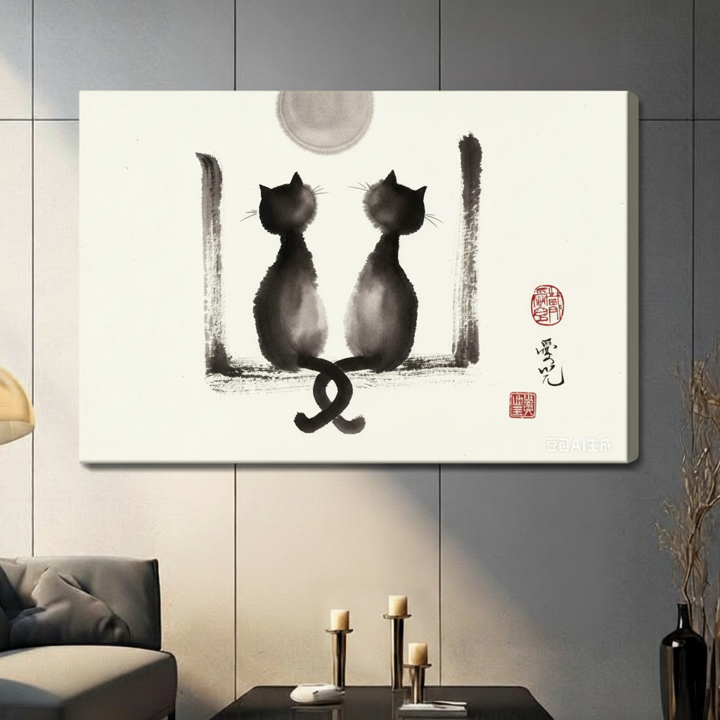 Gallery-wrap canvas of two black cats in Chinese ink wash style with intertwined tails under a moon, mounted on gray wall — frameless wall art