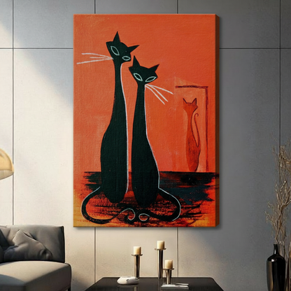Mid-century modern graphic oil painting of two sleek tall black cats with teal almond eyes and white whiskers sitting close together their curved tails looping at the base flanked by a small orange cat silhouette in a doorway frame against a bold orange-red background graphic cat wall art stretched canvas in a living room with light gray panel wall dark sofa and black vase
