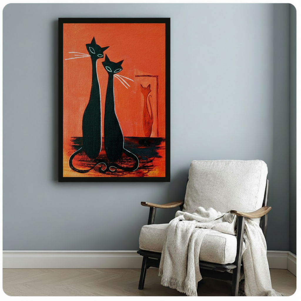 Mid-century modern graphic oil painting of two elongated black cats with sharp ears glowing teal eyes and bold white whiskers seated side by side with entwined tails and a small orange cat figure in a framed alcove against a warm orange-red background retro cat wall art framed print beside a white armchair with a linen throw on a light gray wall