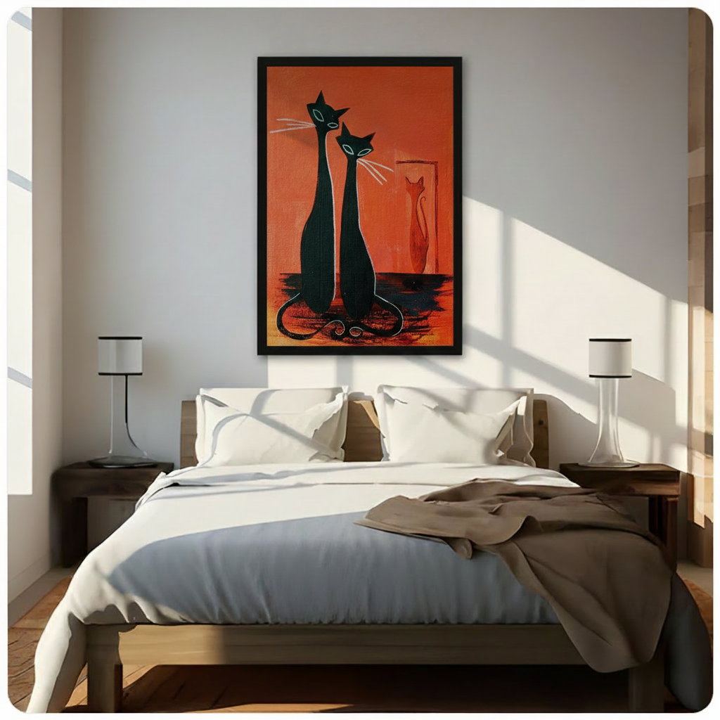 Mid-century modern graphic oil painting of two tall slender black cats with teal eyes and white whiskers sitting together their tails intertwined with a small orange cat silhouette in a rectangular doorway behind them on a vivid orange-red background stylish cat wall art framed print above a bedroom with white linen bedding and wooden bedside tables