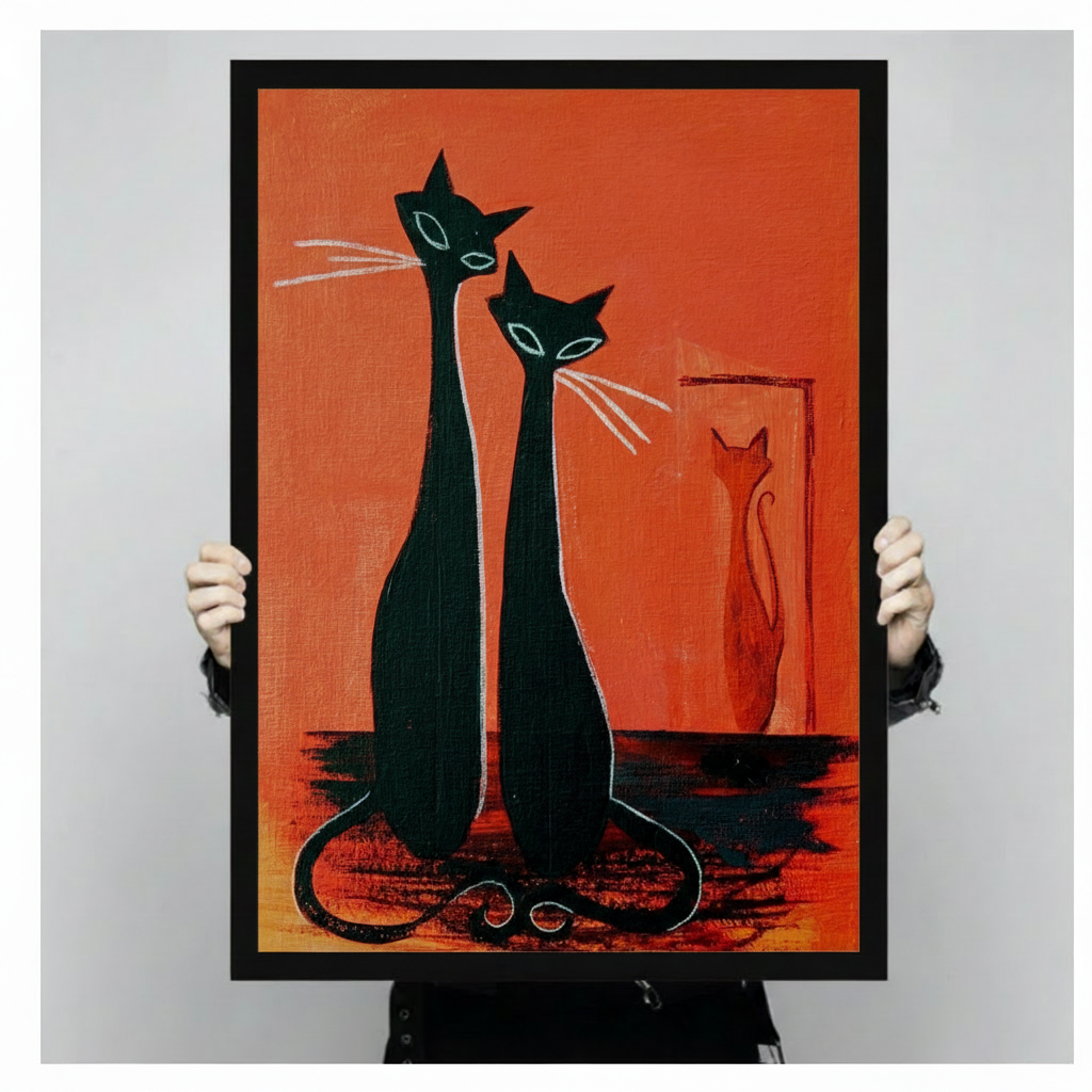 Mid-century modern graphic oil painting of two tall slender black cats with pointed ears teal eyes and white whiskers seated side by side with intertwined tails and a small orange cat silhouette in a rectangular frame behind them against a vivid orange-red background bold retro cat wall art framed print held against a light gray background