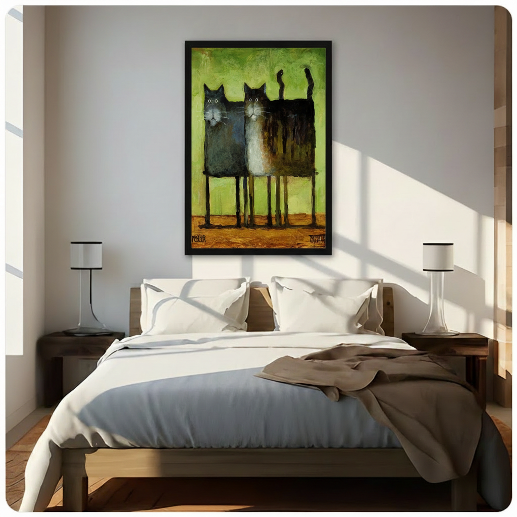 Two black cats quirky oil painting framed wall art hanging above a bed in a bright Scandinavian-style bedroom with wooden nightstands
