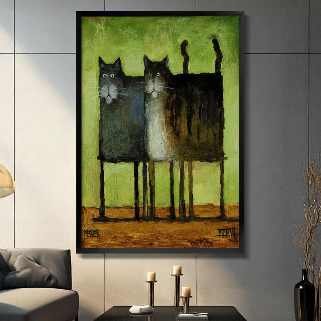 Two quirky black cats oil painting style framed print displayed on a grey wall above a console table in a modern living room