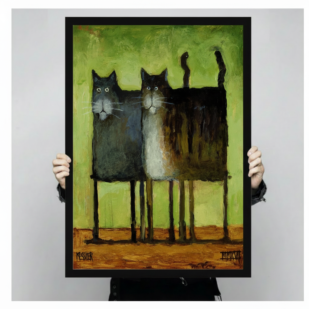 Close-up of a framed two black cats whimsical oil painting print held by hands showing rich texture and bold brushwork detail