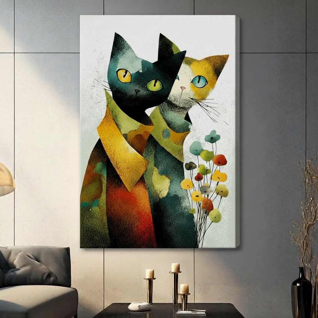 Frameless canvas print of colorful abstract two cats with wildflowers on dark grey wall