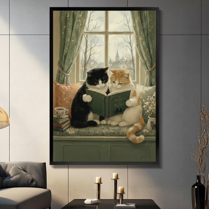 Framed canvas wall art of two cats reading a book together on a window seat with floral curtains, vintage oil painting style hung in living room