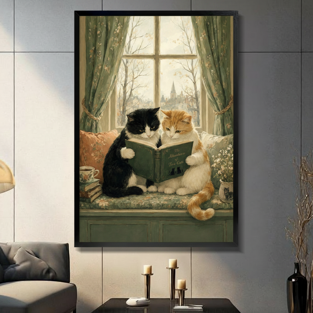 Vintage-style framed canvas wall art featuring two cats reading a book by a window, displayed in a modern living room above a console table