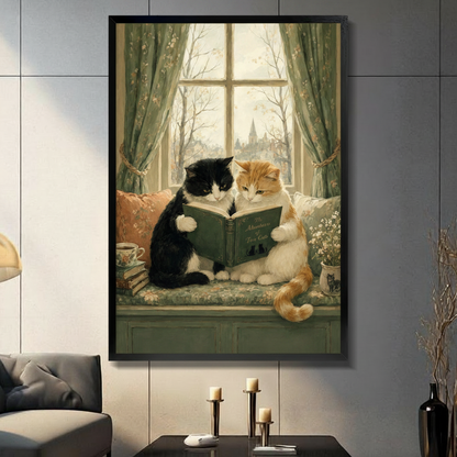 Vintage-style framed canvas wall art featuring two cats reading a book by a window, displayed in a modern living room above a console table