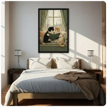 Vintage oil painting canvas of two cats reading by a window hung above wooden bed headboard in bright bedroom, cottagecore cat wall art