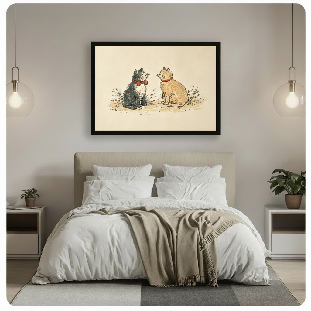 Vintage two cats with red bow illustration framed wall art print above bed in minimalist white bedroom with globe pendant lights