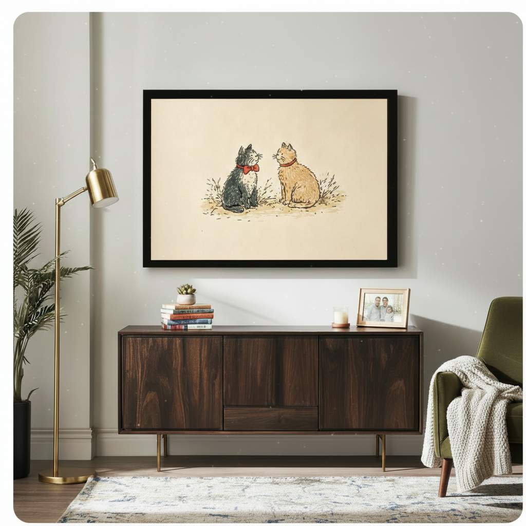 Whimsical two cats red collar vintage illustration black framed print above dark walnut sideboard in mid-century modern living room with brass floor lamp