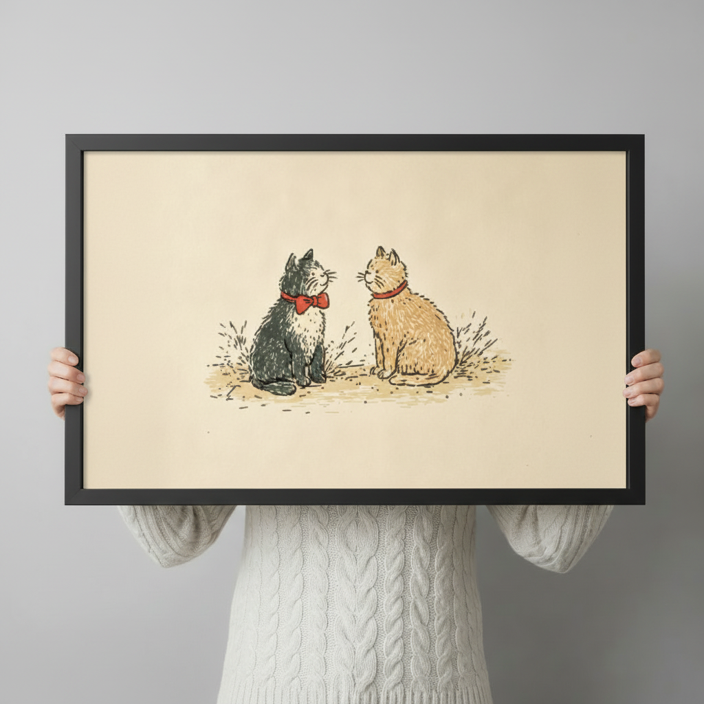 Person in white knit sweater holding two cats red bow tie vintage illustration black framed print showing actual size reference