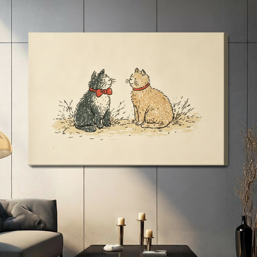 Charming black and tan cats facing each other with red collars vintage style canvas wrap print on grey living room wall