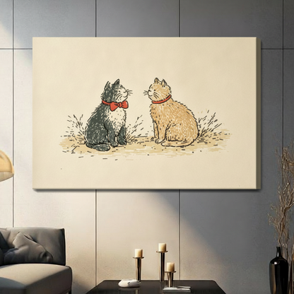 Charming black and tan cats facing each other with red collars vintage style canvas wrap print on grey living room wall