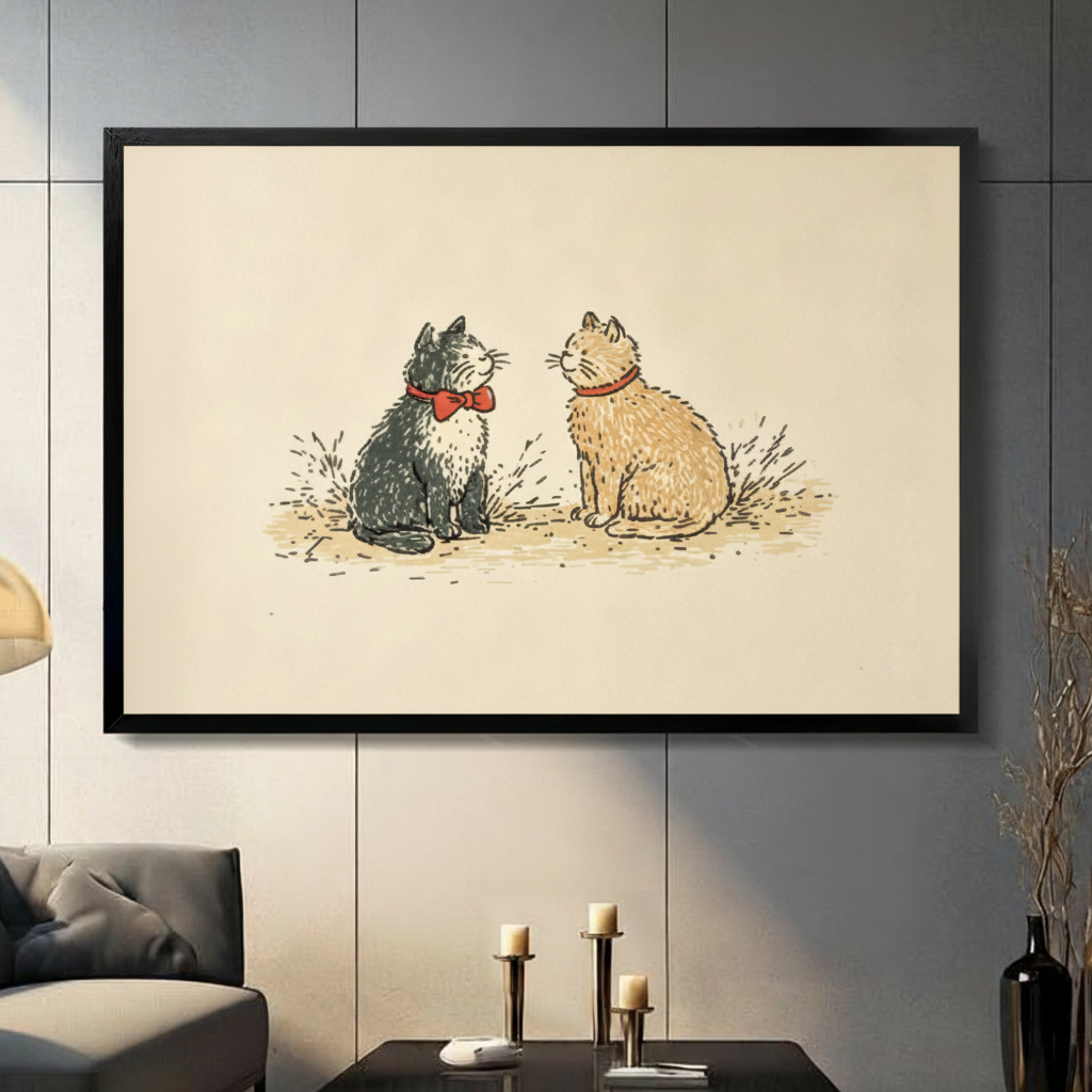 Two cats with red bow tie vintage illustration black framed wall art print displayed in modern grey living room above coffee table