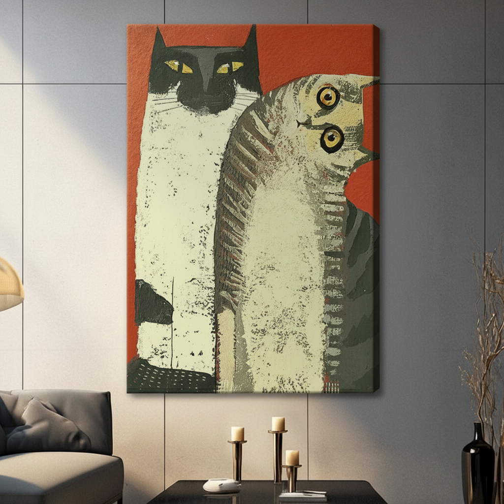Gallery-wrapped canvas of vintage-style black cat and tabby cat wall art on red background, styled in a contemporary living room