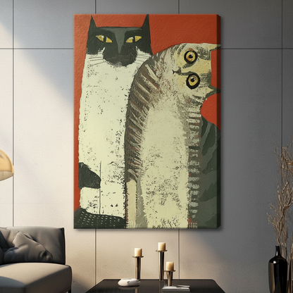Gallery-wrapped canvas of vintage-style black cat and tabby cat wall art on red background, styled in a contemporary living room