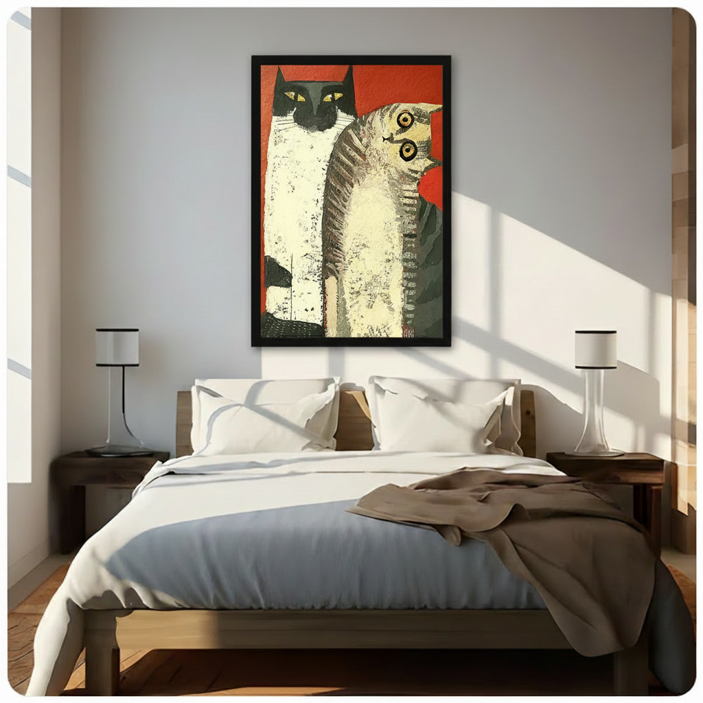 Black-framed vintage cat art print with bold red background above a wooden bed in a bright sunlit minimalist bedroom