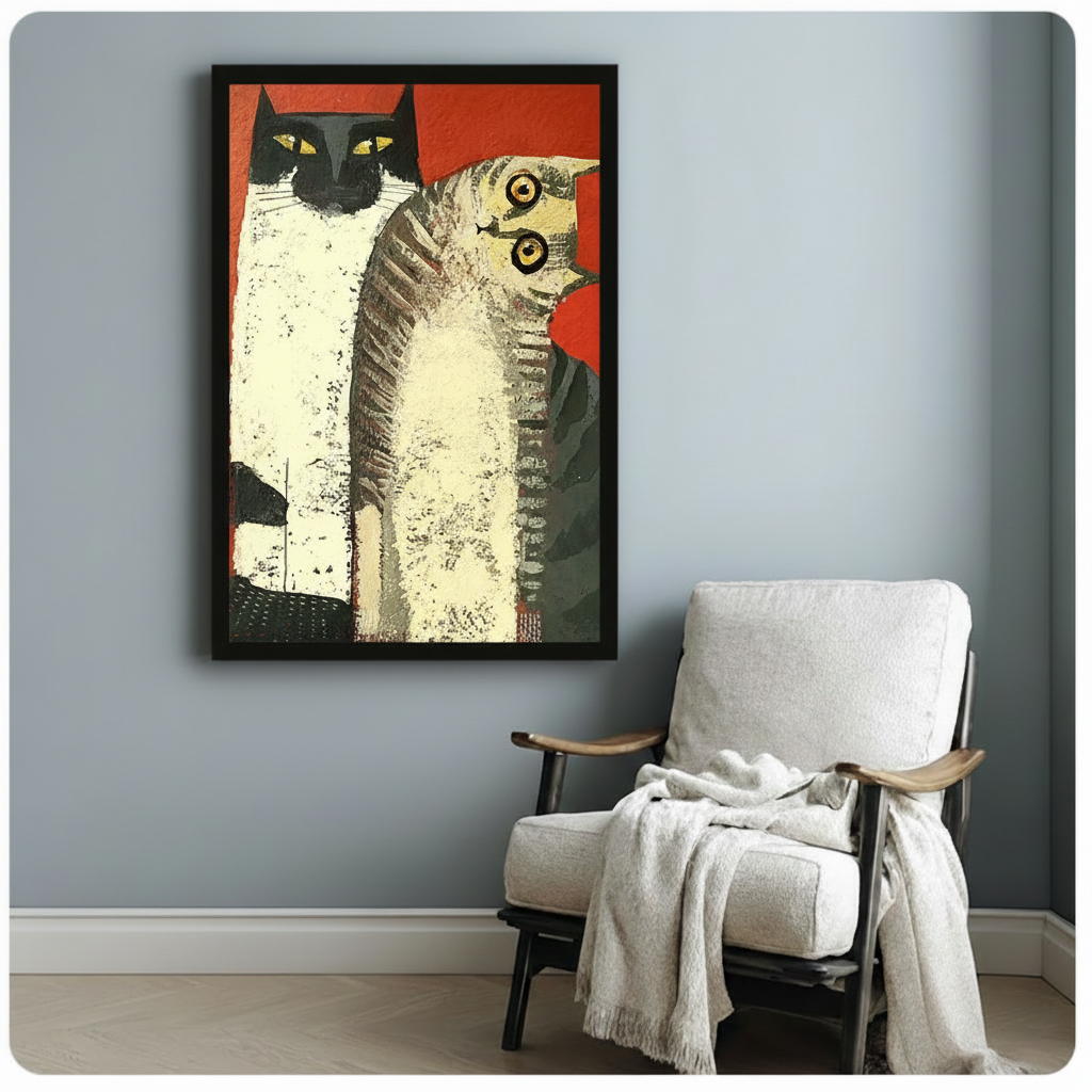 Framed retro cat duo wall art featuring a black cat and tabby on vivid red, displayed on a blue-grey wall beside a linen armchair