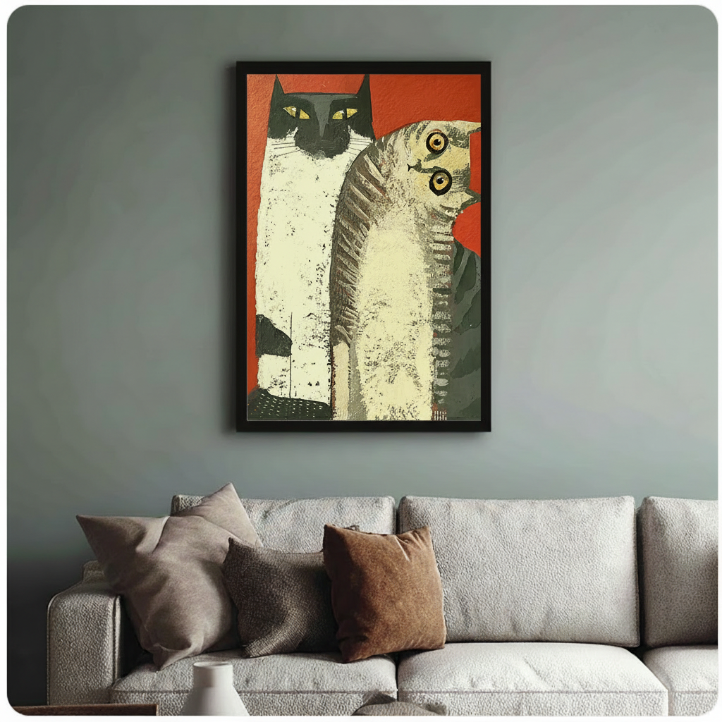 Black-framed pop art cat print with bold red background hung above a neutral linen sofa on a muted sage green wall