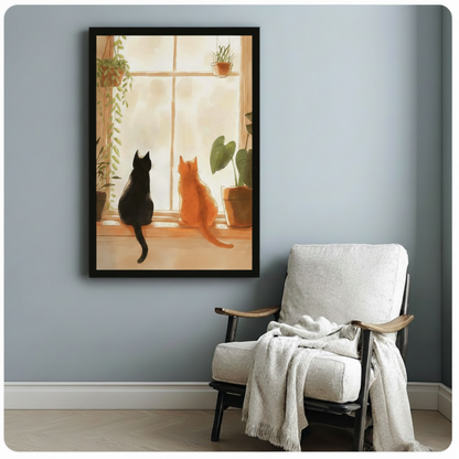 Black and orange cat window illustration in black frame displayed on a light blue wall beside a cozy armchair, cat lover wall art