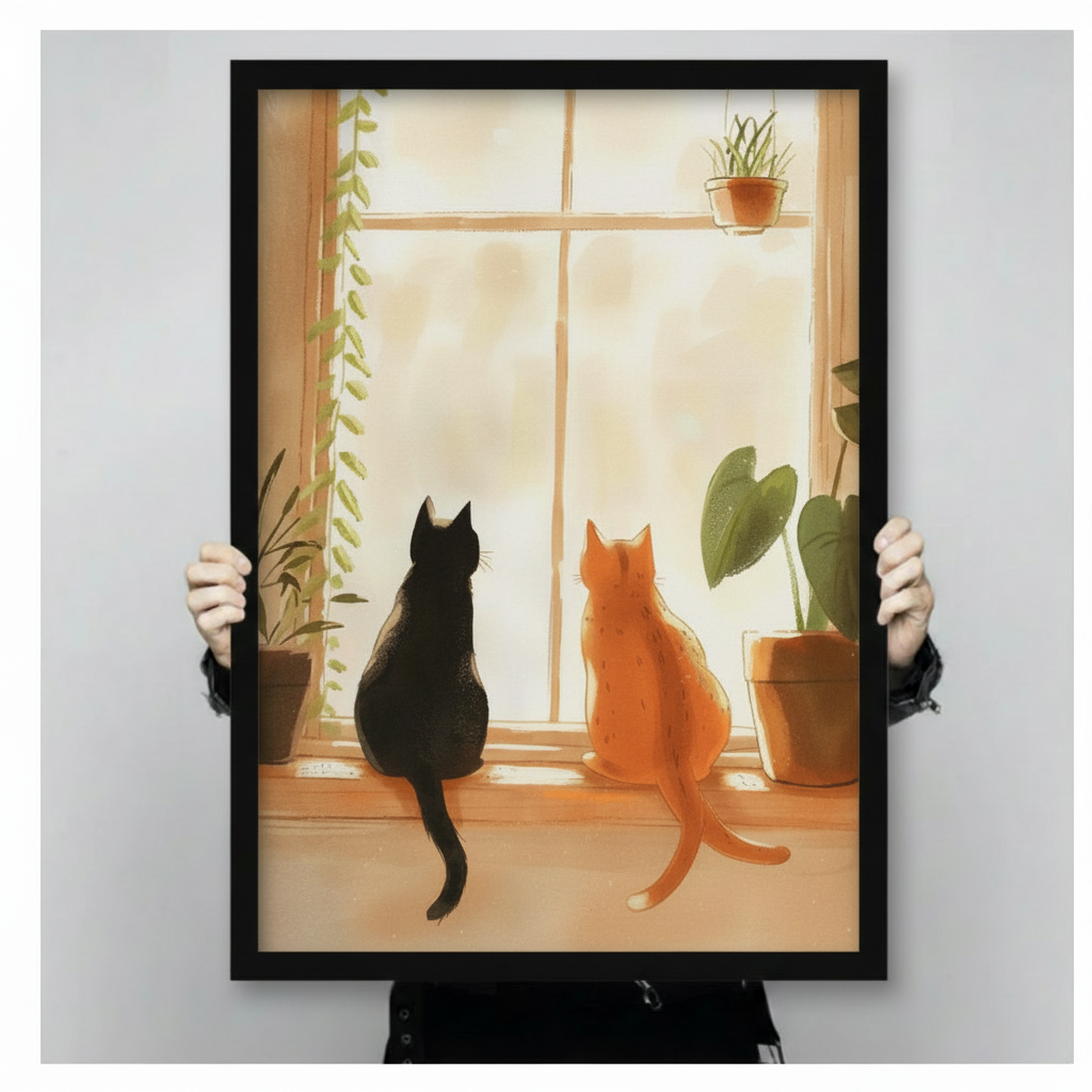 Close-up of a framed two cats by window art print held up for size reference, black cat and ginger cat silhouettes in warm sunlight