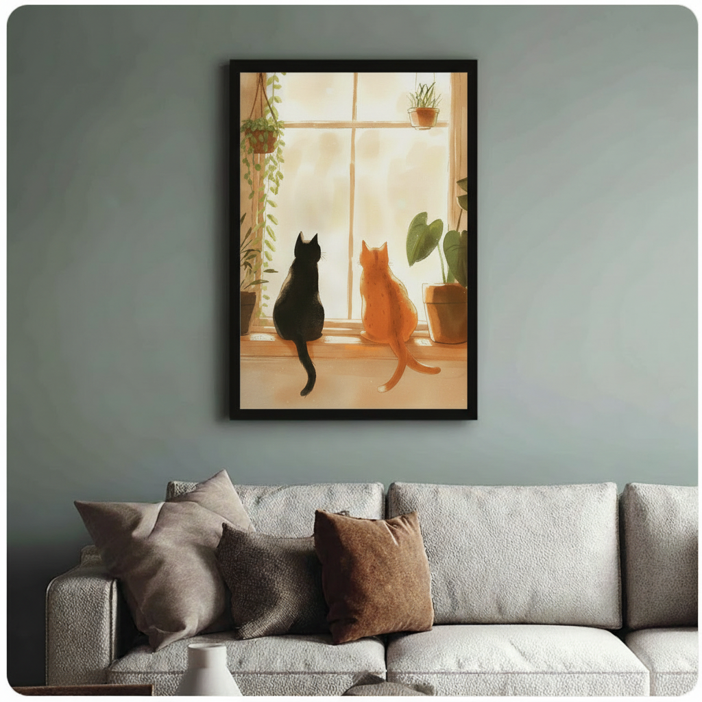 Framed poster of a black and orange cat pair sitting at a window with houseplants, soft warm tones, hung above a neutral linen sofa