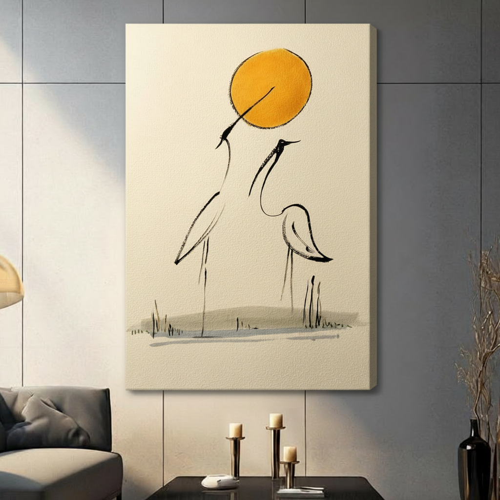 Gallery-wrapped canvas of minimalist crane ink painting with golden sun, styled in a contemporary living room setting