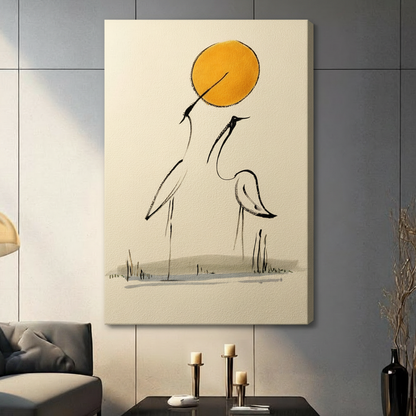Gallery-wrapped canvas of minimalist crane ink painting with golden sun, styled in a contemporary living room setting
