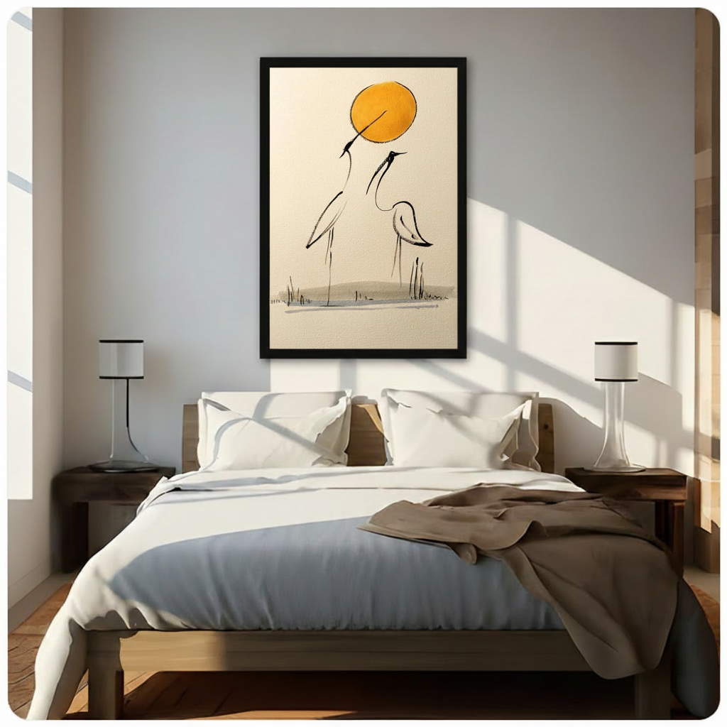 Black-framed Japanese-style crane and golden sun ink art print above a wooden bed in a sunlit minimalist bedroom