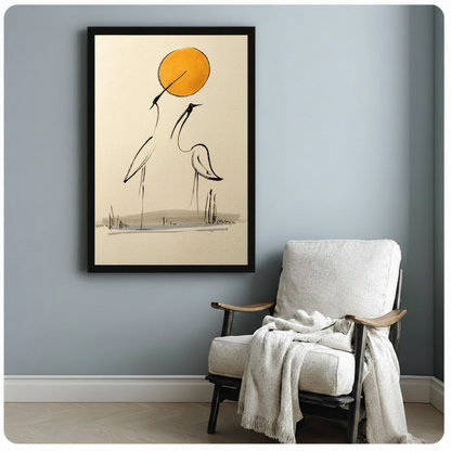 Framed minimalist ink art featuring two cranes and a golden moon, displayed on a soft blue-grey wall beside a white linen armchair