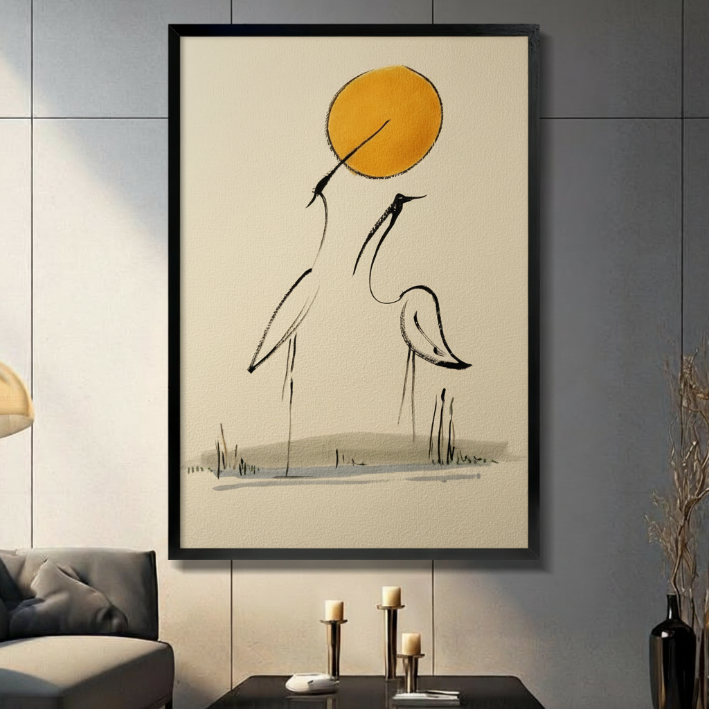 Framed Japanese ink art print of two cranes beneath a golden sun, displayed in a dark modern living room with candlestick decor