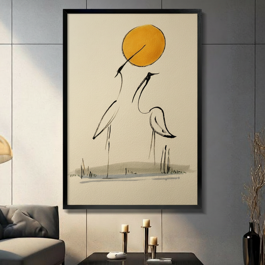 Framed Japanese ink art print of two cranes beneath a golden sun, displayed in a dark modern living room with candlestick decor