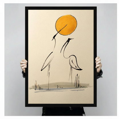Close-up hand-held view of a black-framed crane ink painting canvas print with golden sun on cream background