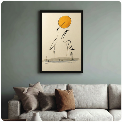 Black-framed crane and golden sun wall art print hung above a neutral linen sofa on a muted sage green wall
