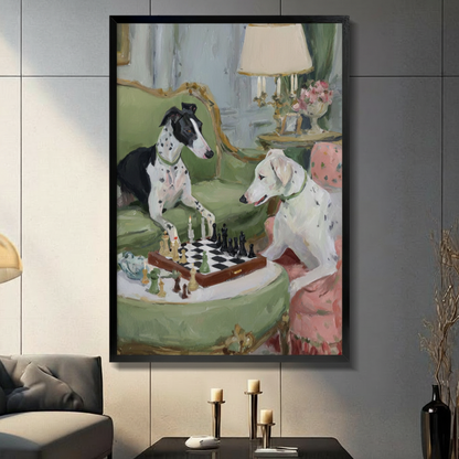 Two Dalmatians playing chess on green French gilt sofa impressionist oil painting in black frame on dark grey panel wall – black white spotted dogs chess board classical interior canvas wall art for living room